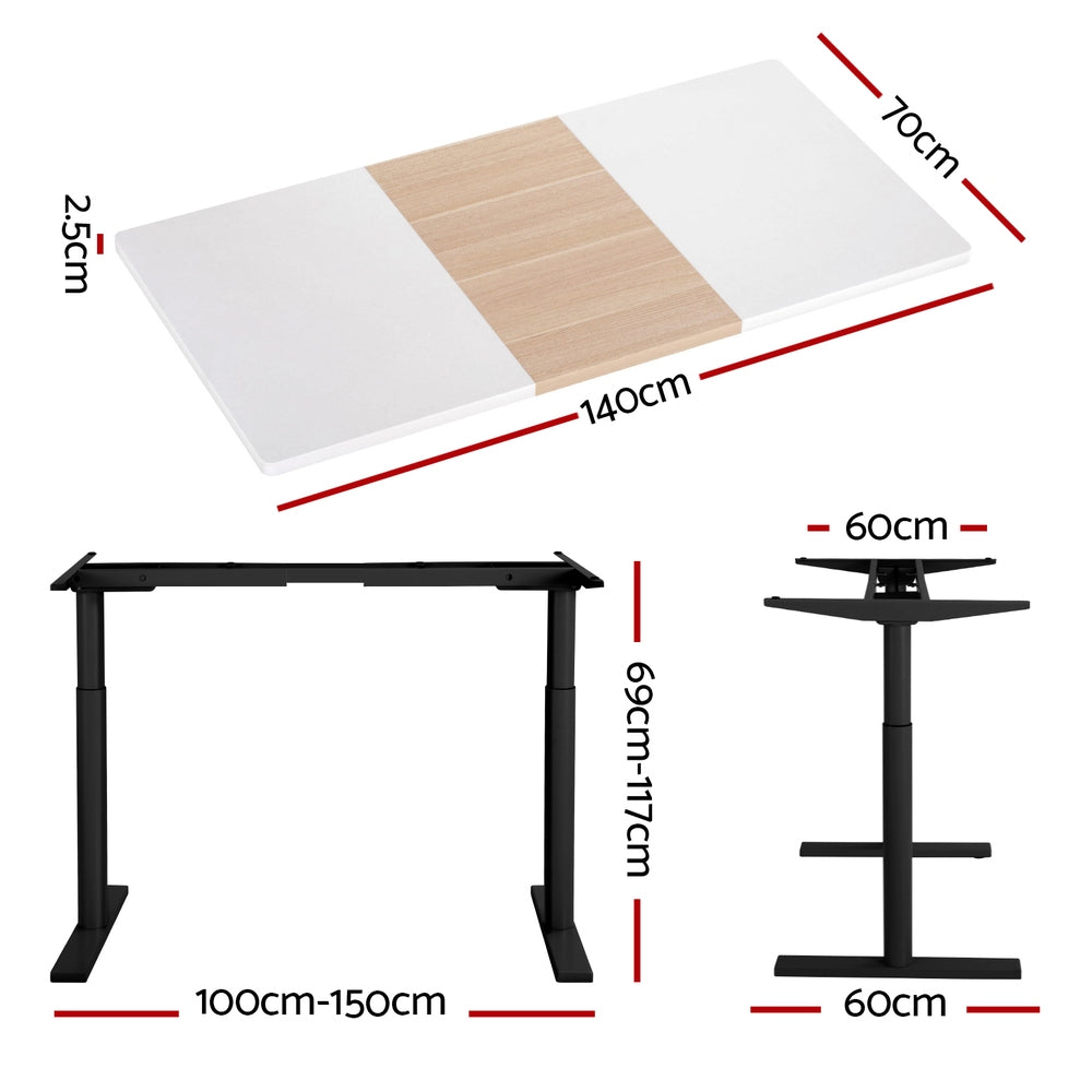 Artiss 140cm Motorised Standing Desk Dual Motor Black Frame White/Pine Desktop