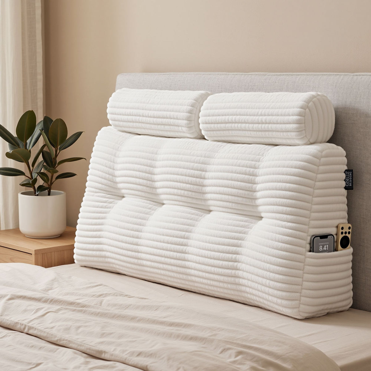 Giselle Wedge Pillow Headboard Cushion with Side Pockets, Double