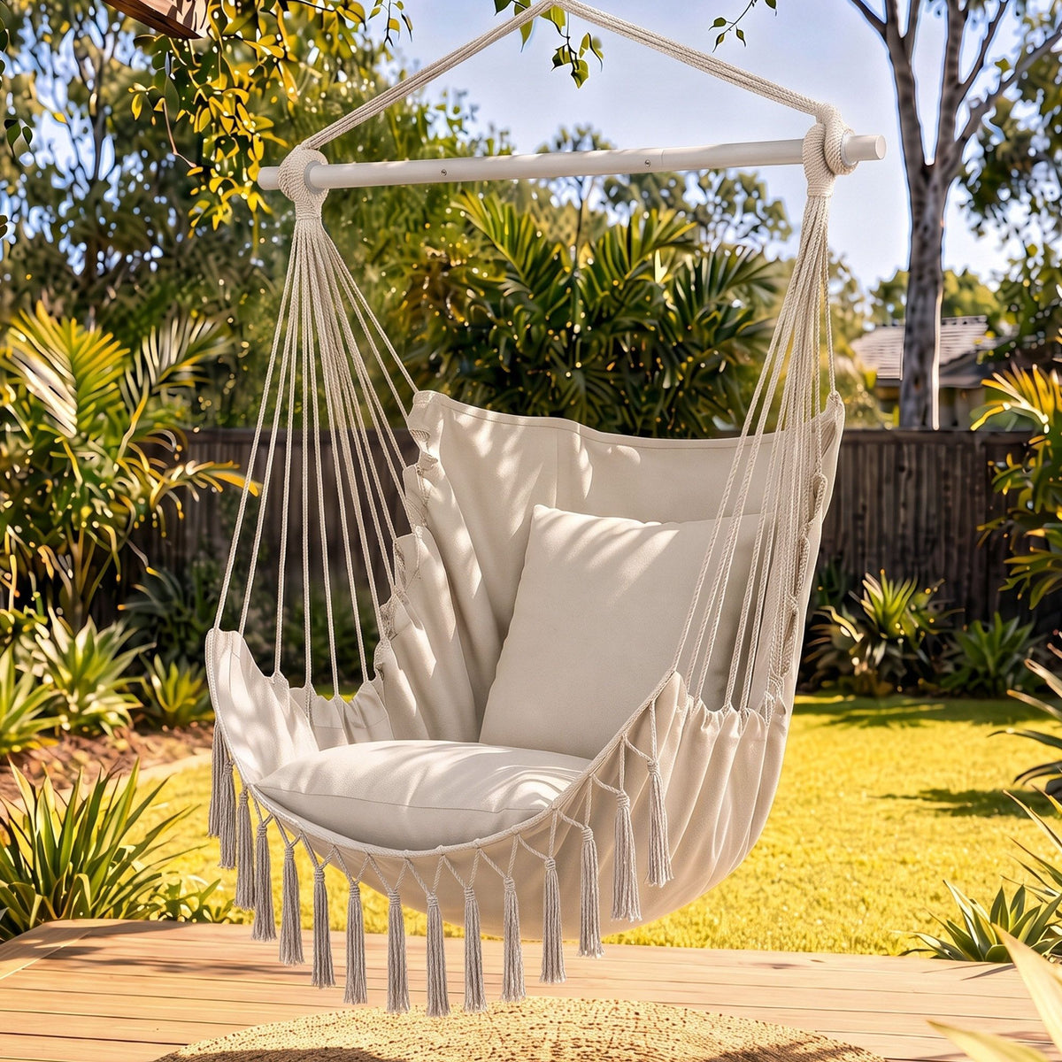 Gardeon Hammock Chair Hanging Swing with Cushions Cream
