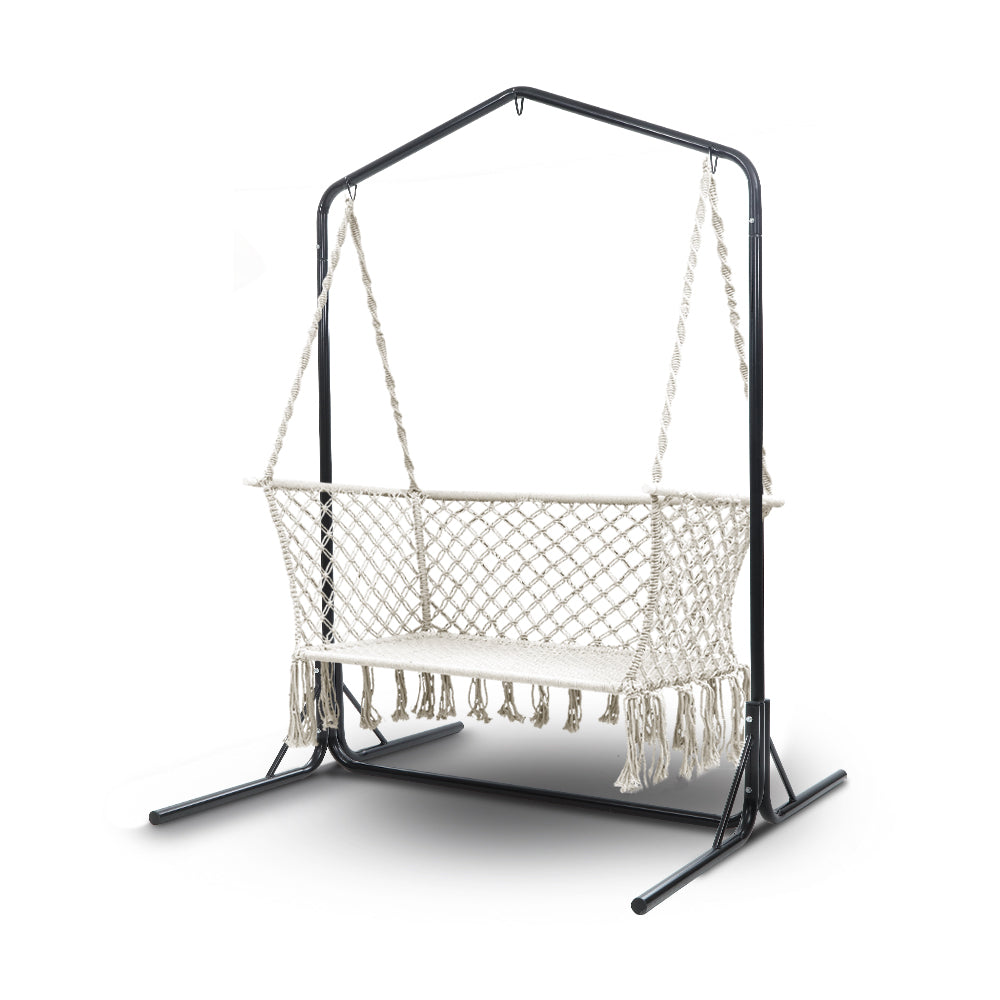 Gardeon 2-Seater Hammock Chair with Stand Macrame Cream Outdoor