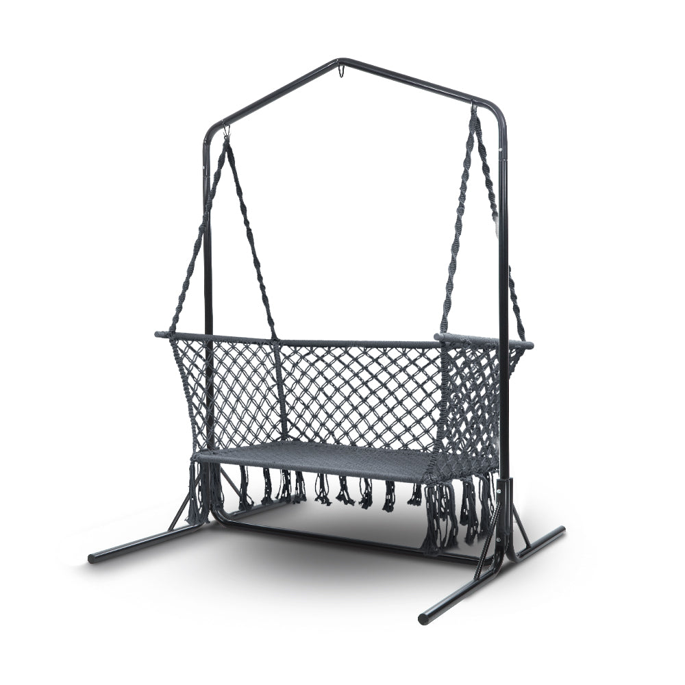 Gardeon 2-Seater Hammock Chair with Stand Macrame Grey