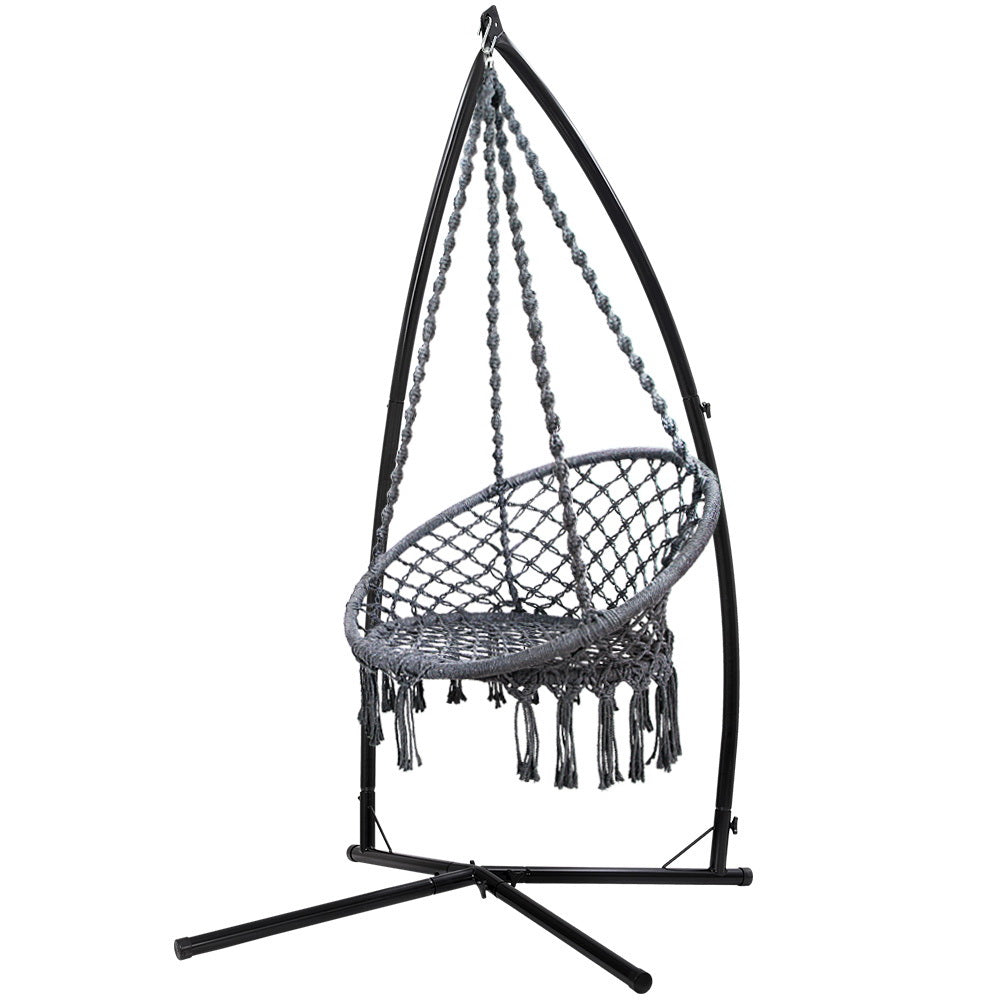 Gardeon Macrame Hammock Chair with Steel Stand Grey