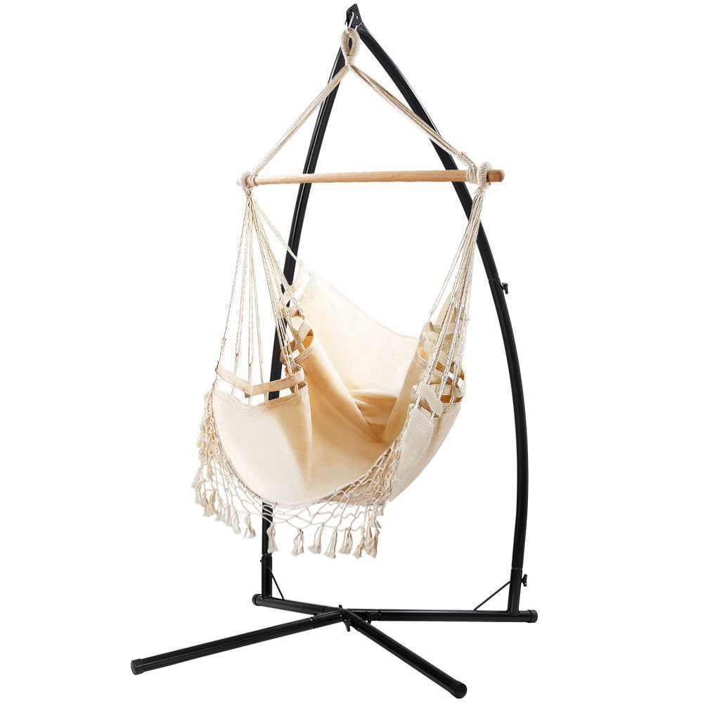 Gardeon Outdoor Hammock Chair Steel Stand Tassel Cream