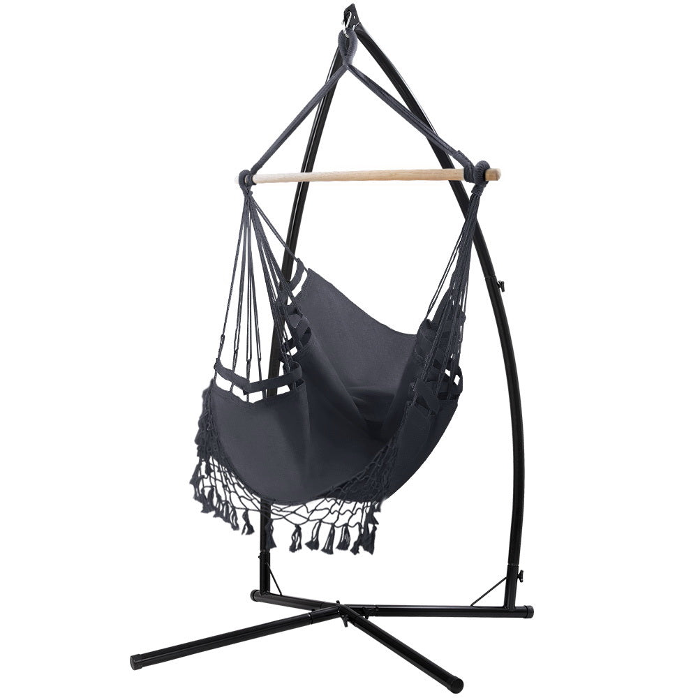 Gardeon Outdoor Hammock Chair Steel Stand Tassel Grey
