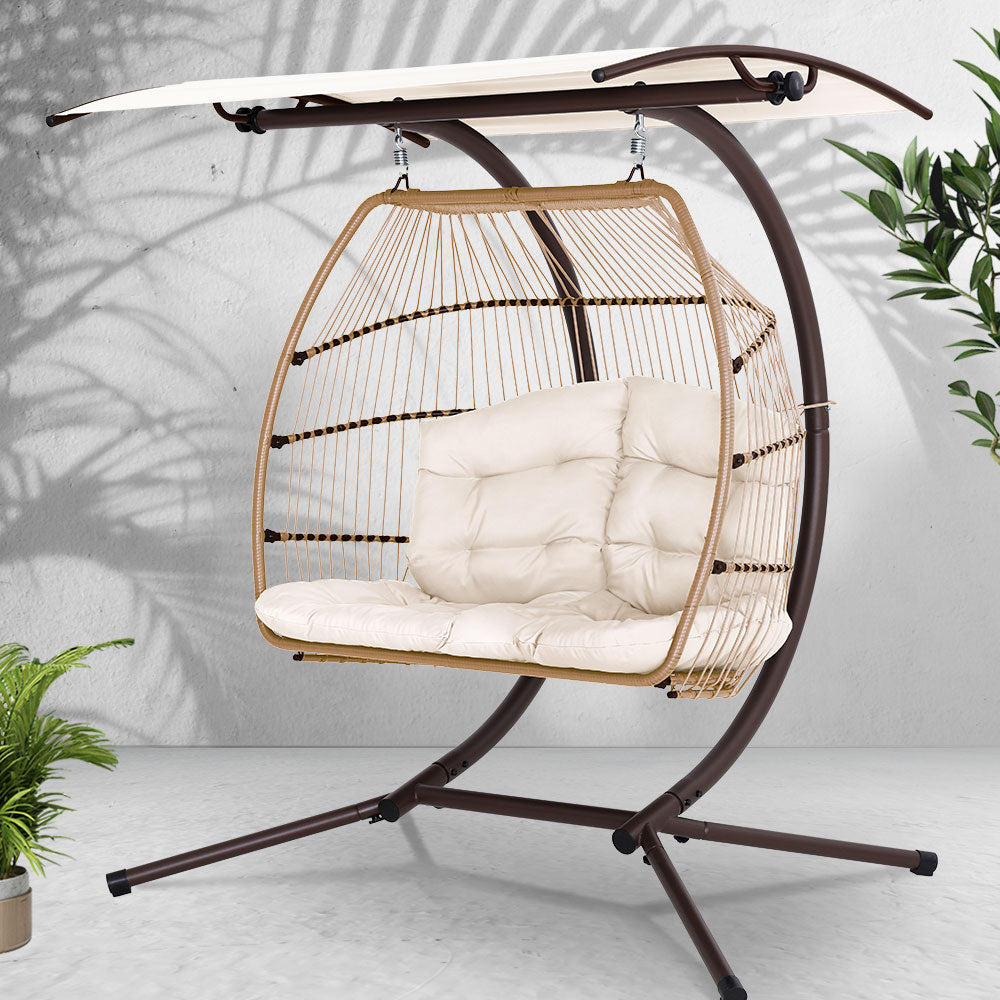 Gardeon Double Egg Swing Chair Wicker Pod Stand Canopy Latte