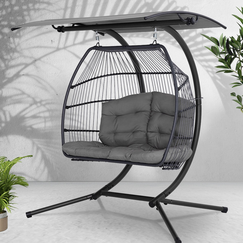 Gardeon Double Egg Swing Chair Wicker Pod Stand Canopy Dark Grey
