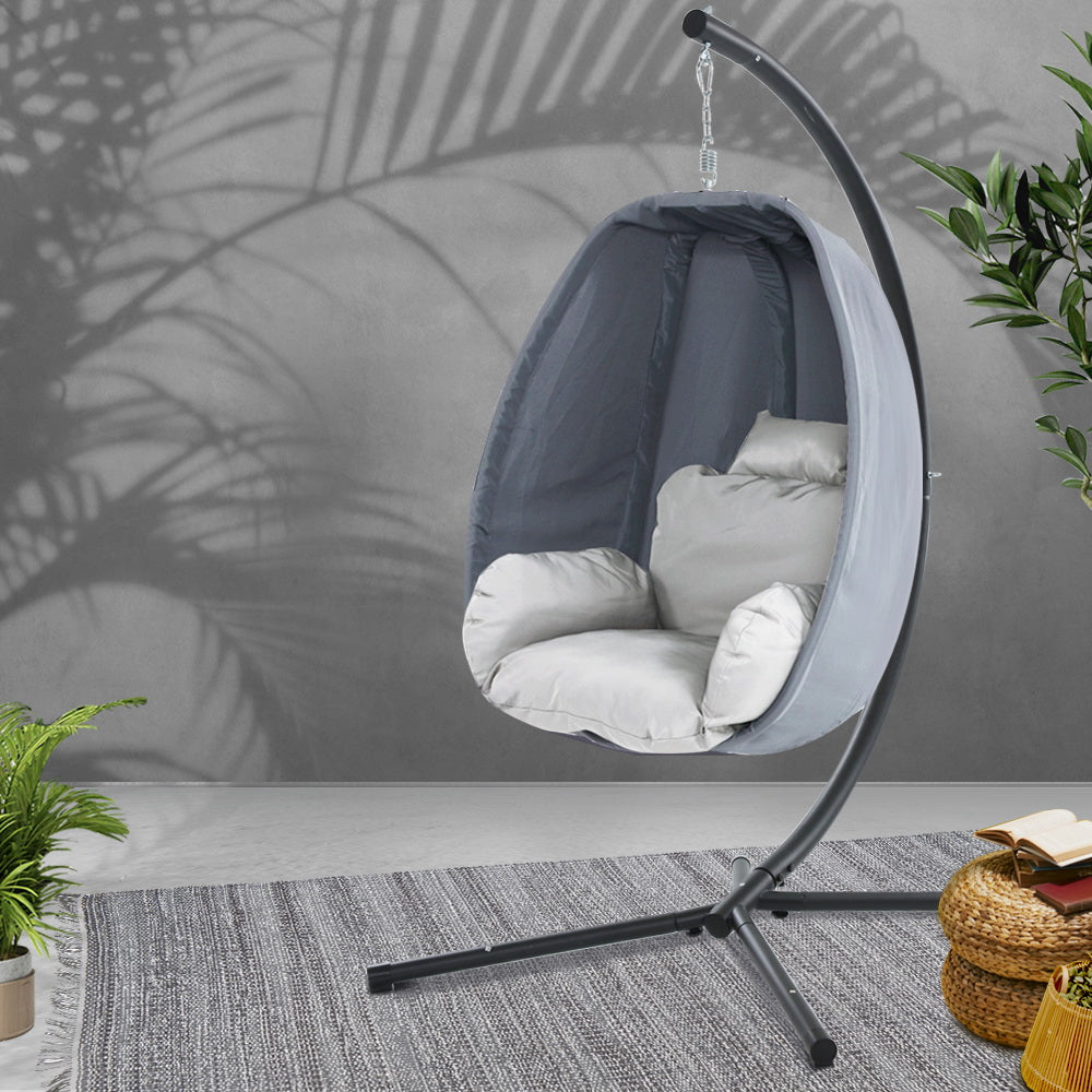 Gardeon Outdoor Hanging Egg Swing Chair Pod with Stand Grey