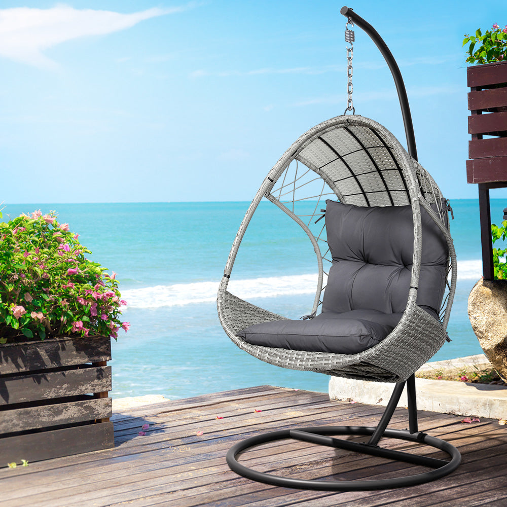 Gardeon Light Grey Outdoor Egg Swing Chair Wicker Pod with Stand