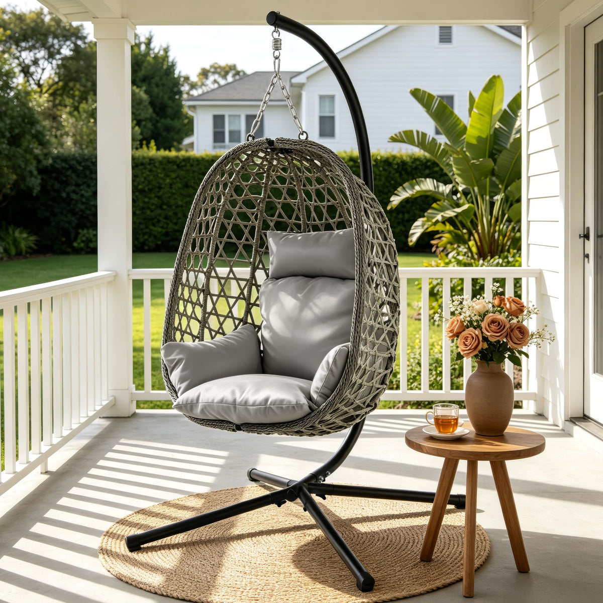 Gardeon Outdoor Swing Chair with Stand and Cushion, Grey