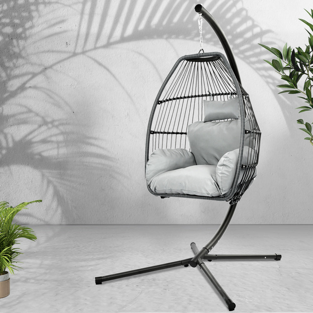 Gardeon Outdoor Hanging Egg Chair Wicker Pod with Stand Grey