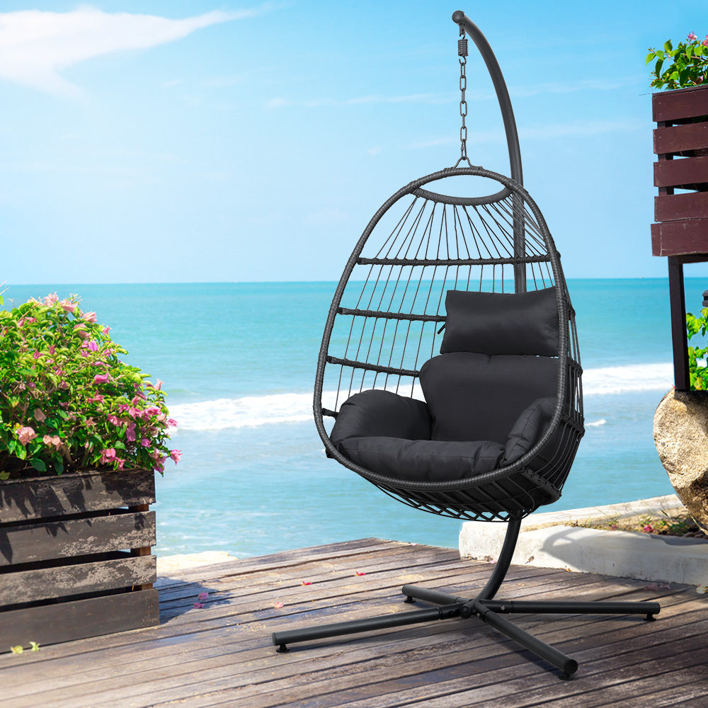 Gardeon Outdoor Egg Swing Chair Wicker Hanging Pod Grey