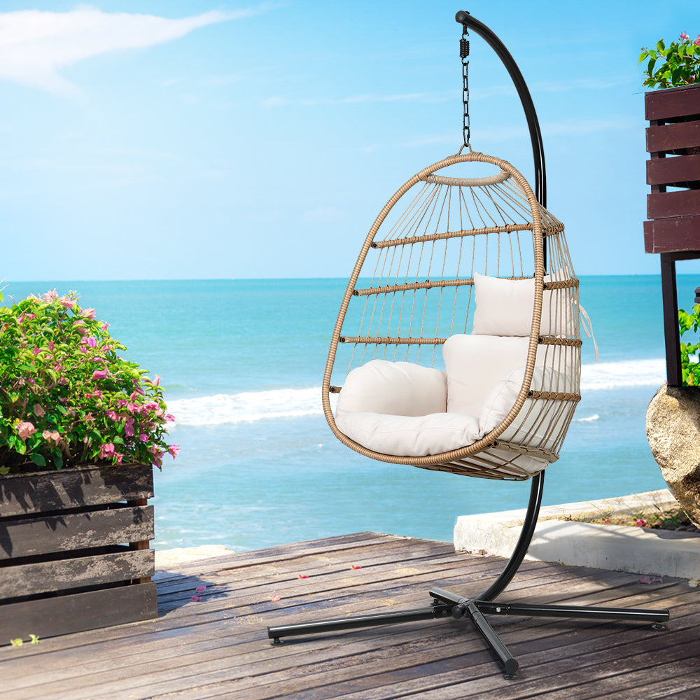 Gardeon Outdoor Egg Swing Chair Wicker Pod Stand Foldable Yellow