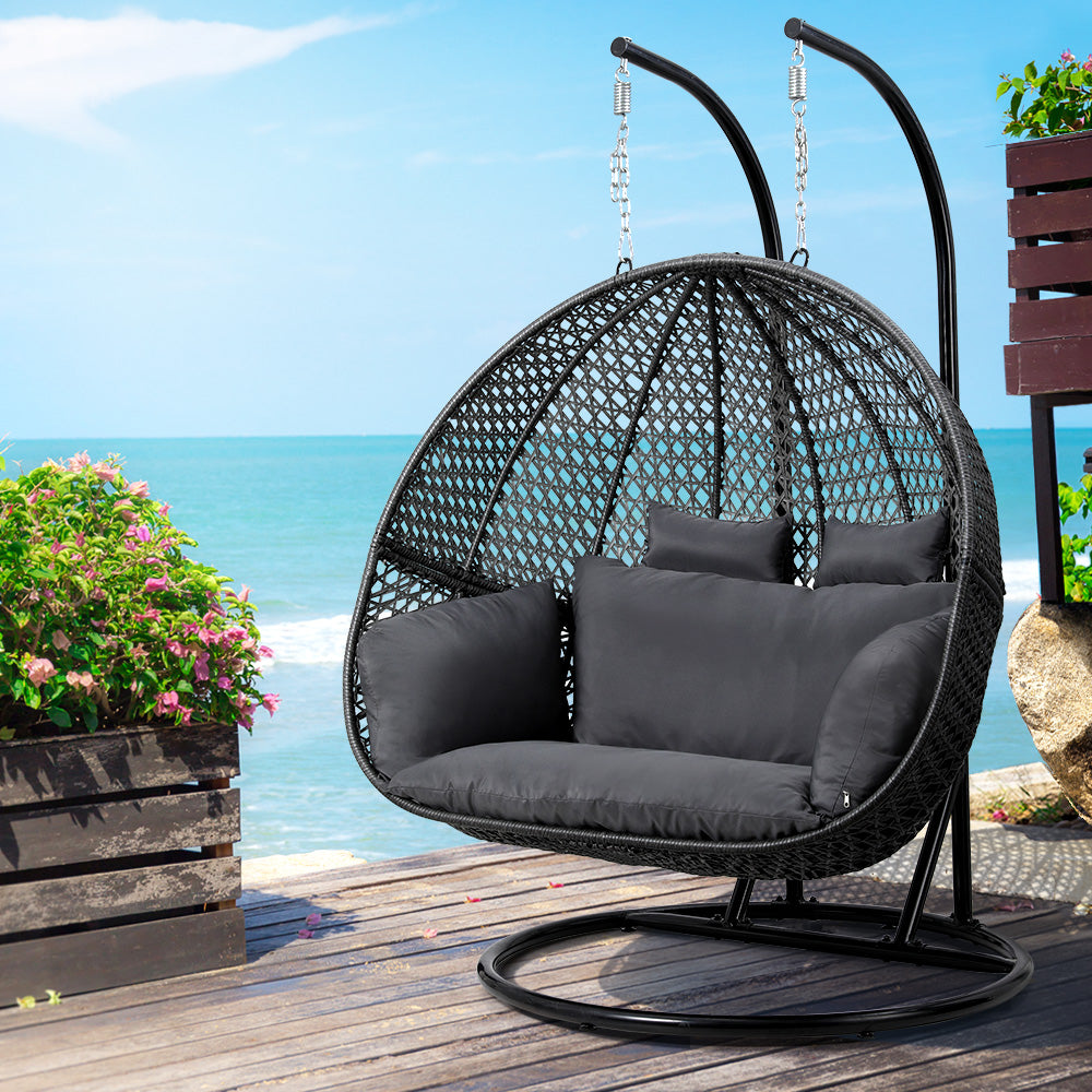 Gardeon Double Egg Swing Chair Wicker Pod Stand Cushion Grey