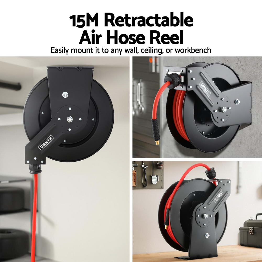 Giantz 15m Retractable Air Hose Reel 300PSI Black/Red