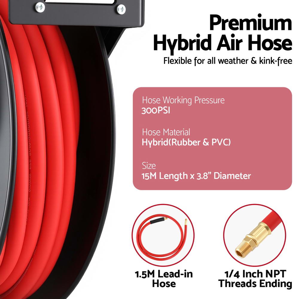 Giantz 15m Retractable Air Hose Reel 300PSI Black/Red