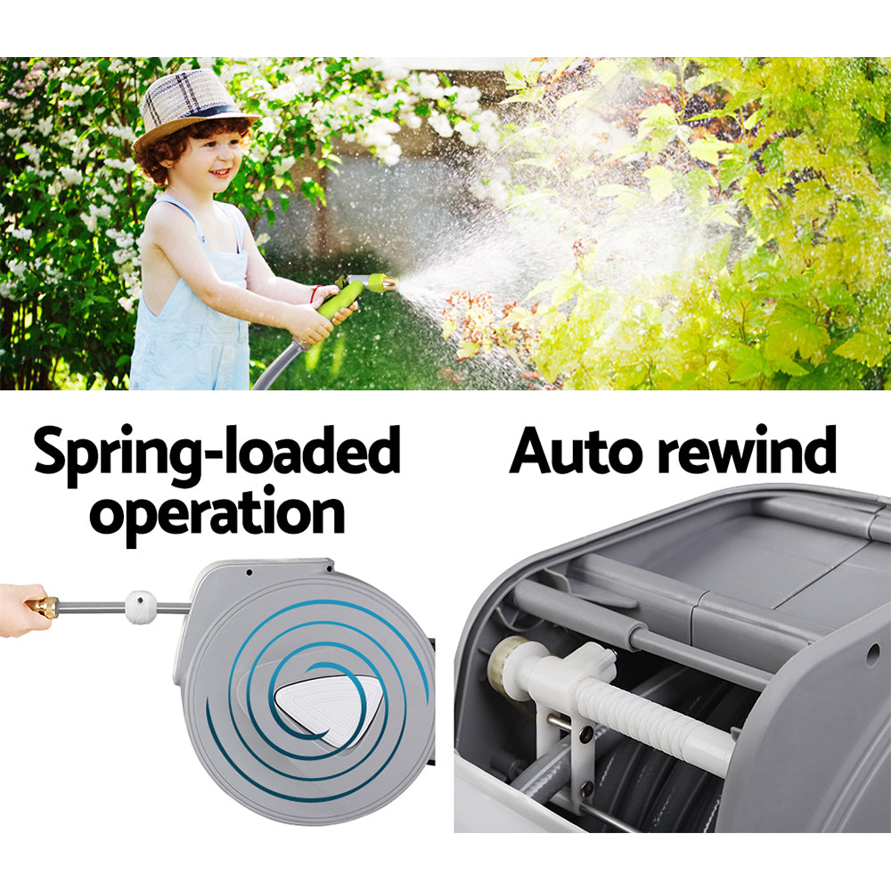 Green Fingers 20m Retractable Hose Reel Auto Rewind Garden Brass Spray Gun