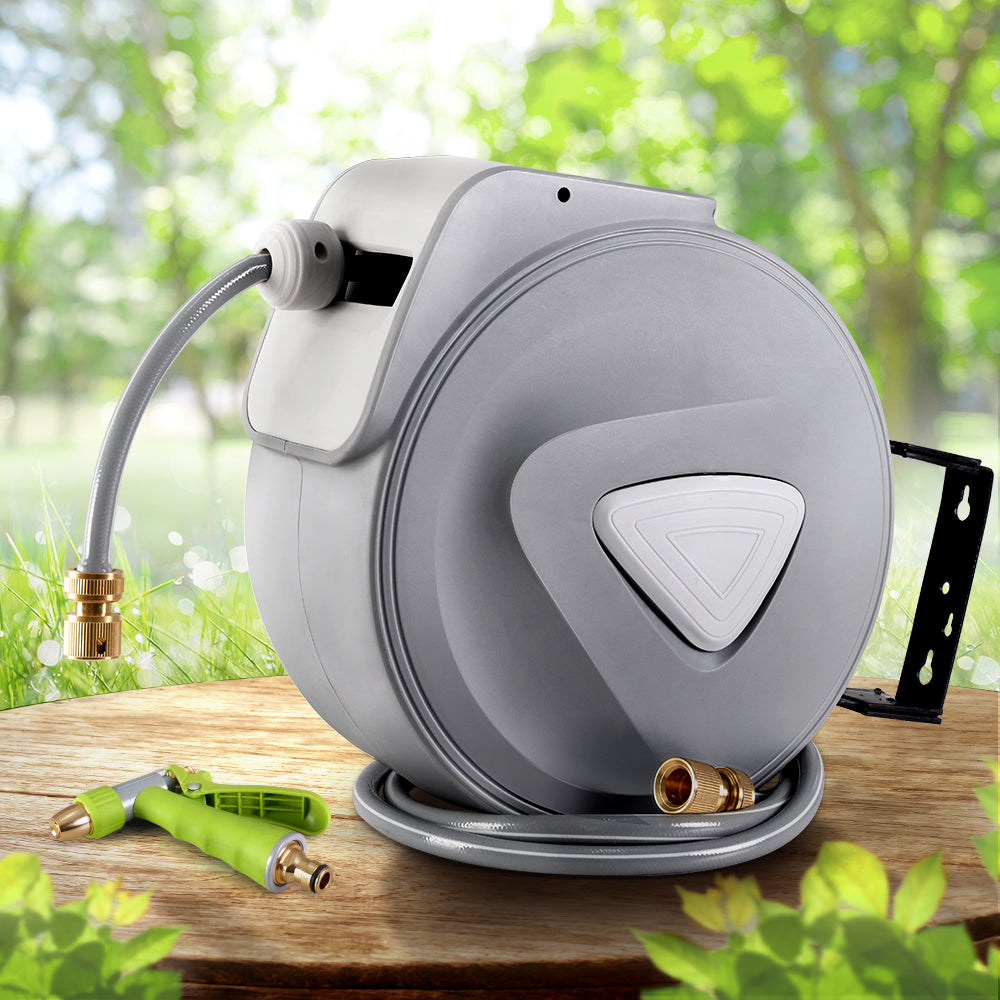 Green Fingers 20m Retractable Hose Reel Auto Rewind Garden Brass Spray Gun