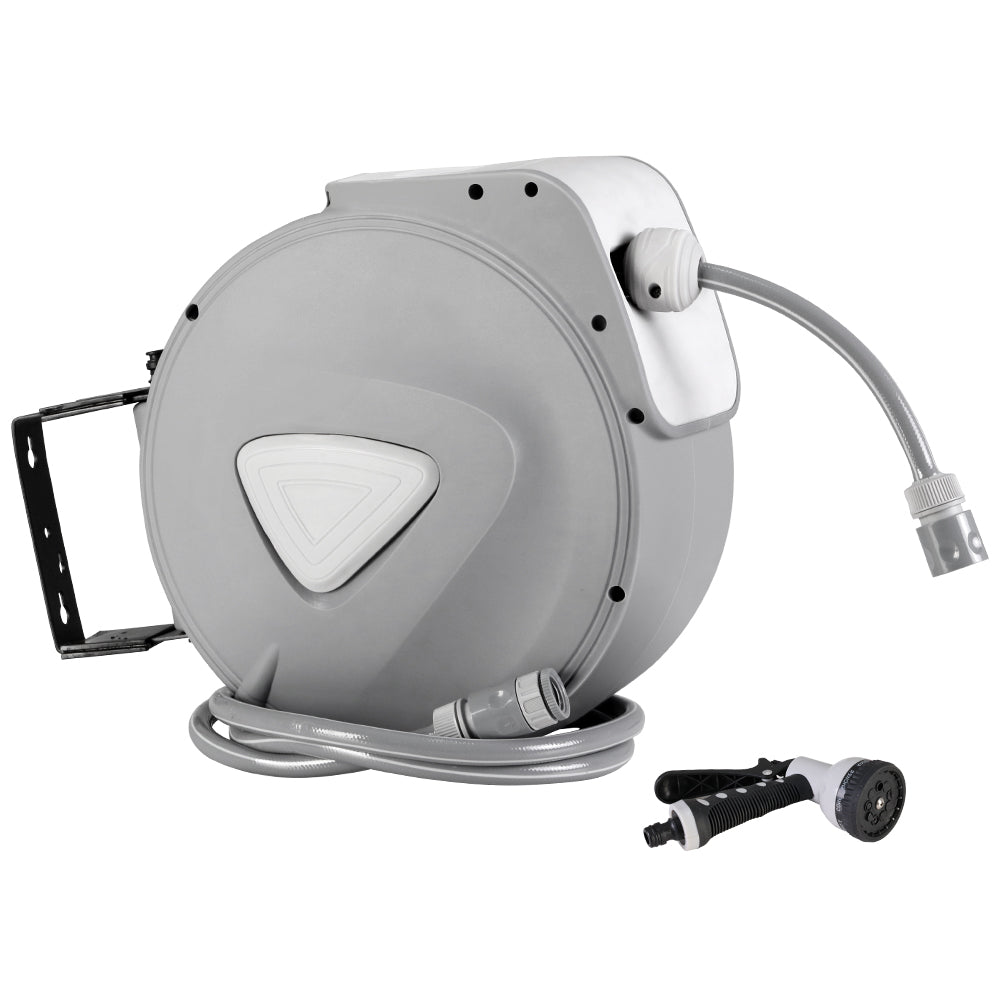20m Retractable Hose Reel Auto Rewind Spray Gun Garden Grey