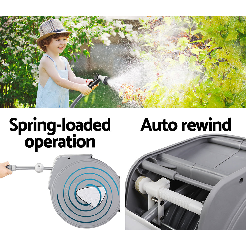 20m Retractable Hose Reel Auto Rewind Spray Gun Garden Grey
