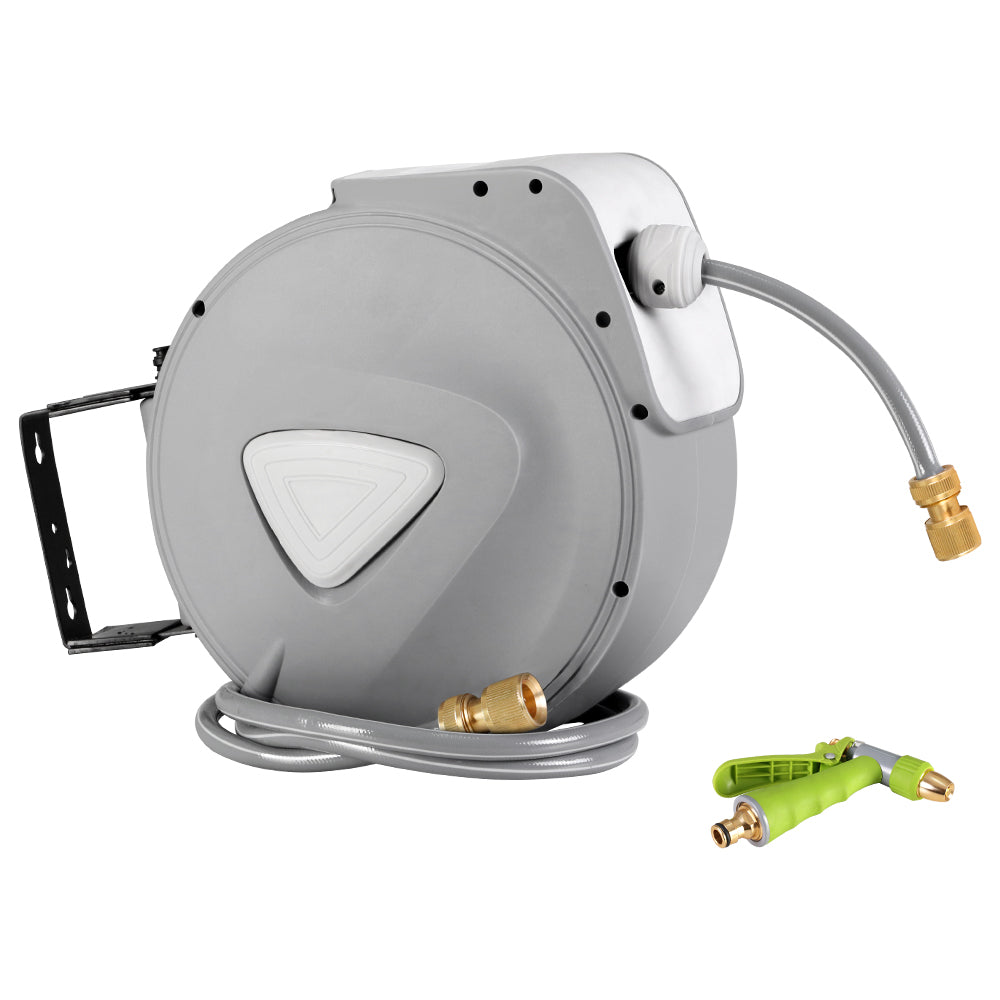 30M Retractable Garden Hose Reel with Auto Rewind and Brass Spray Gun