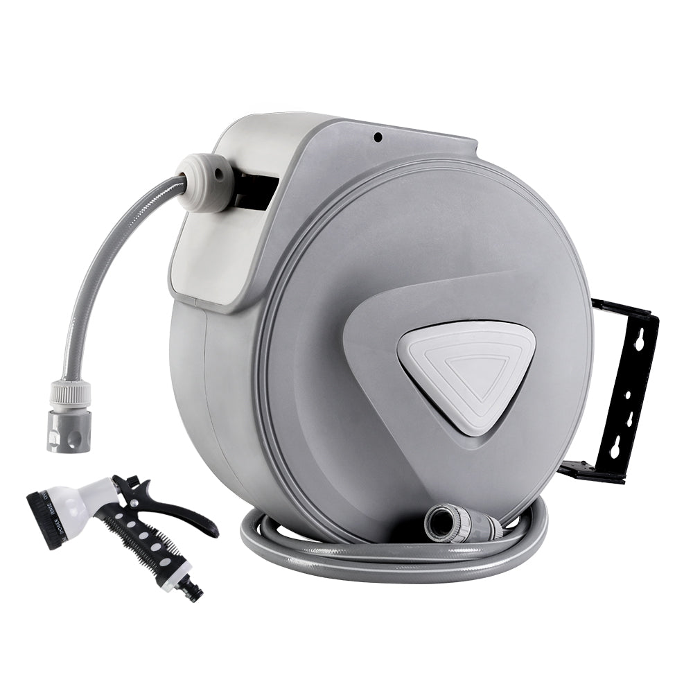 30m Retractable Garden Hose Reel Auto Rewind Spray Gun Grey