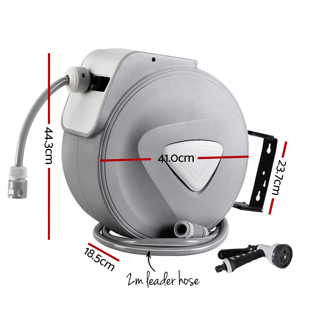 30m Retractable Garden Hose Reel Auto Rewind Spray Gun Grey