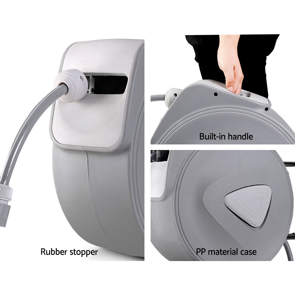30m Retractable Garden Hose Reel Auto Rewind Spray Gun Grey