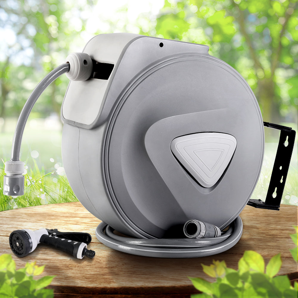 30m Retractable Garden Hose Reel Auto Rewind Spray Gun Grey