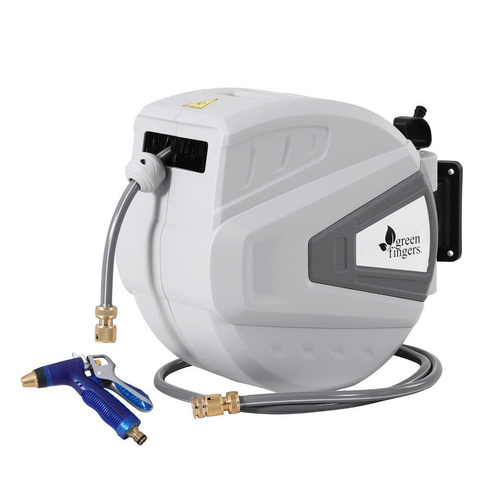 Green Fingers 30m Retractable Water Hose Reel Auto Rewind Wall Mount Garden Spray Gun