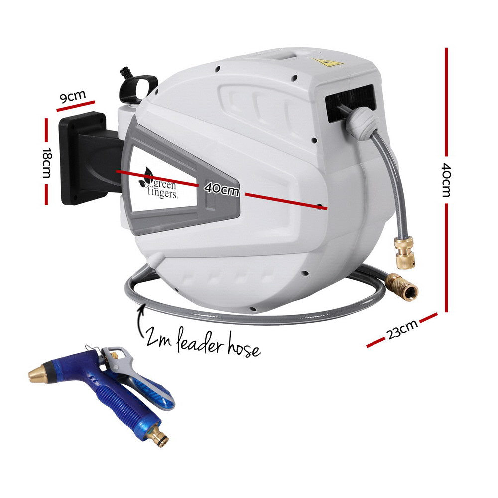 Green Fingers 30m Retractable Water Hose Reel Auto Rewind Wall Mount Garden Spray Gun