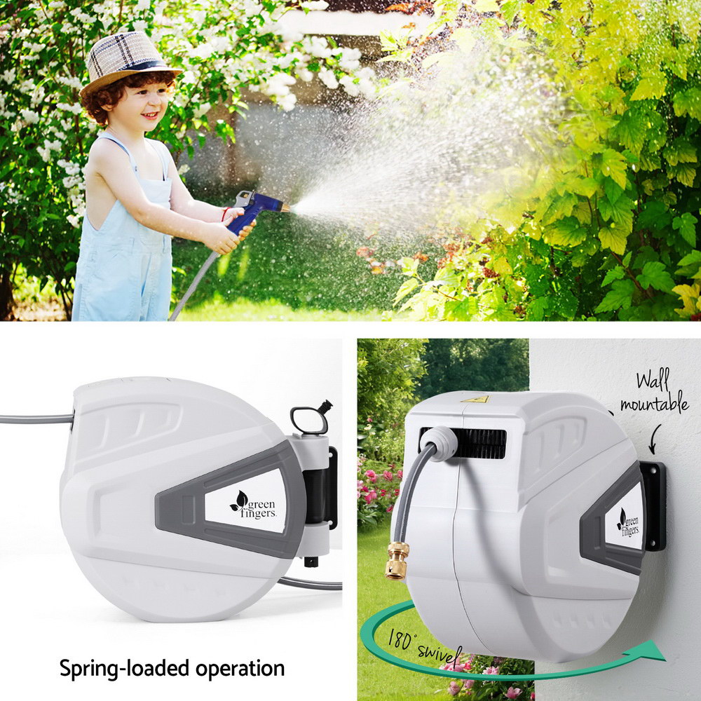 Green Fingers 30m Retractable Water Hose Reel Auto Rewind Wall Mount Garden Spray Gun