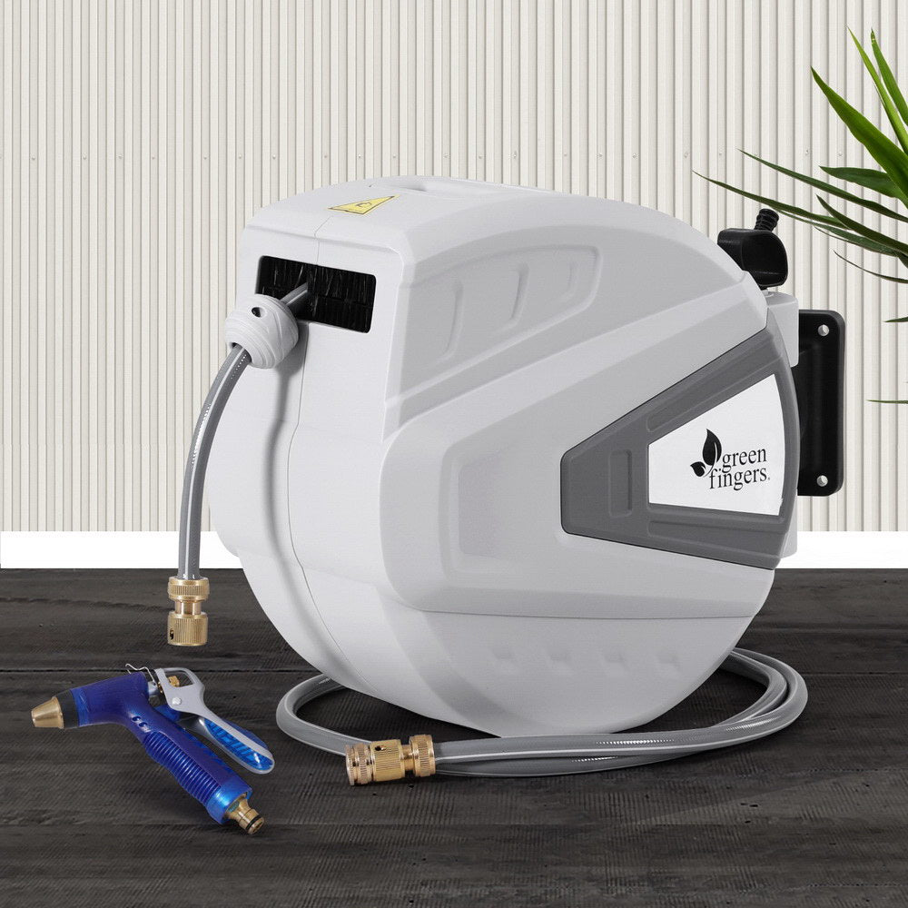 Green Fingers 30m Retractable Water Hose Reel Auto Rewind Wall Mount Garden Spray Gun