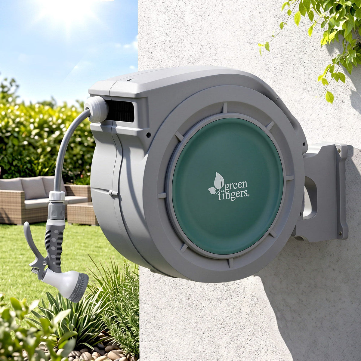 Green Fingers 20m Wall Mounted Retractable Hose Reel, 9-Pattern Nozzle