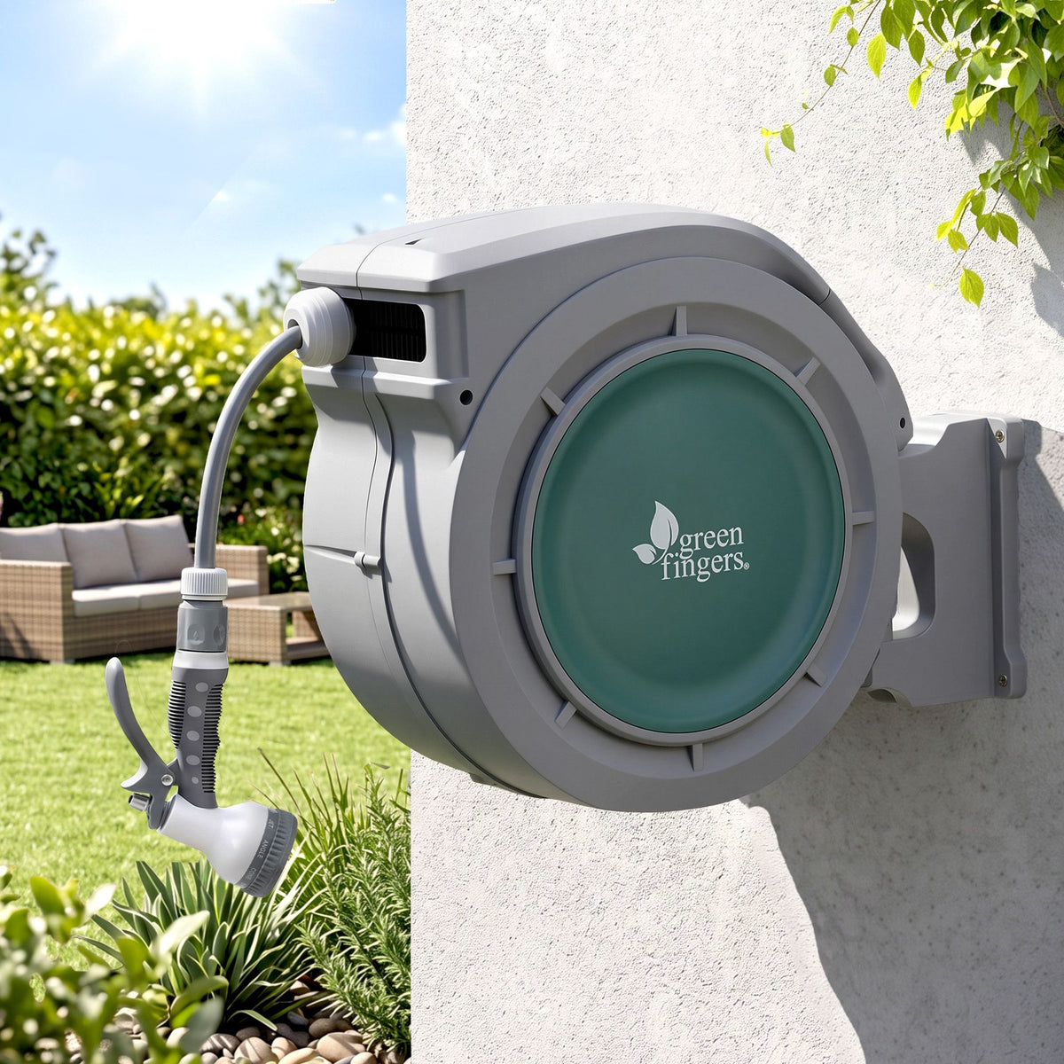 Green Fingers 30m Retractable Garden Hose Reel with 9-Pattern Nozzle