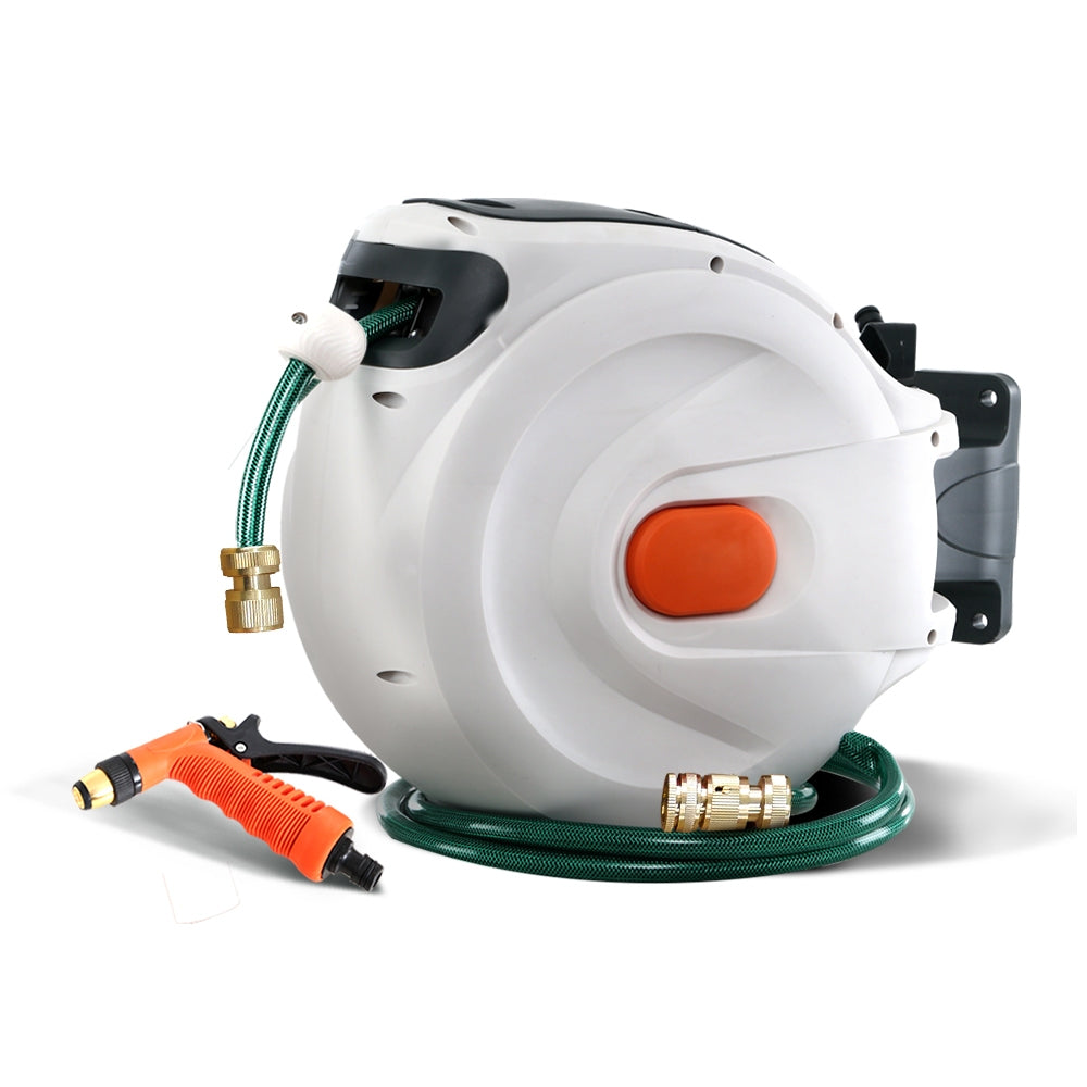 Greenfingers 20m Retractable Garden Hose Reel Brass Spray Gun Auto Rewind