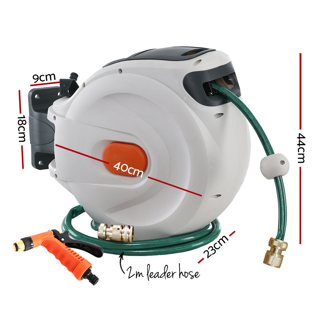 Green Fingers 30m Retractable Garden Hose Reel Brass Spray Gun Auto Rewind