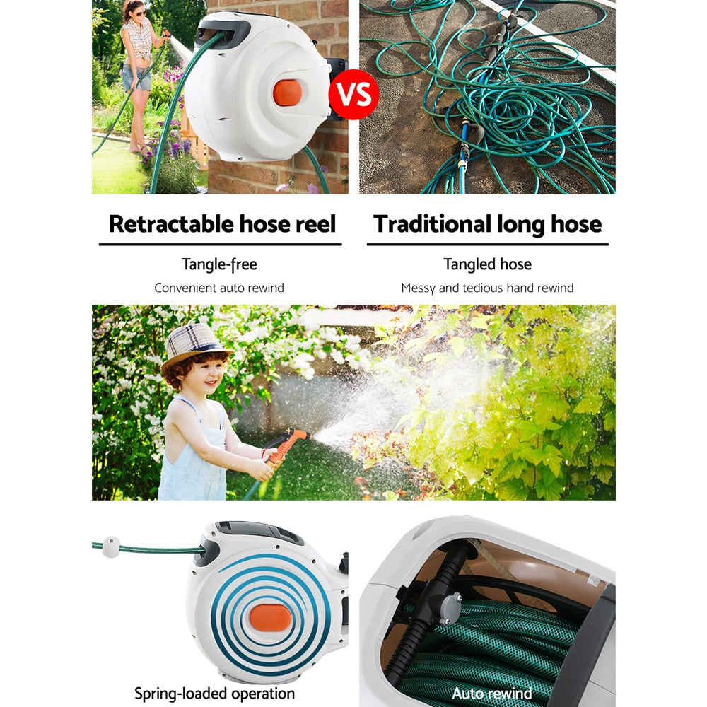 Green Fingers 30m Retractable Garden Hose Reel Brass Spray Gun Auto Rewind