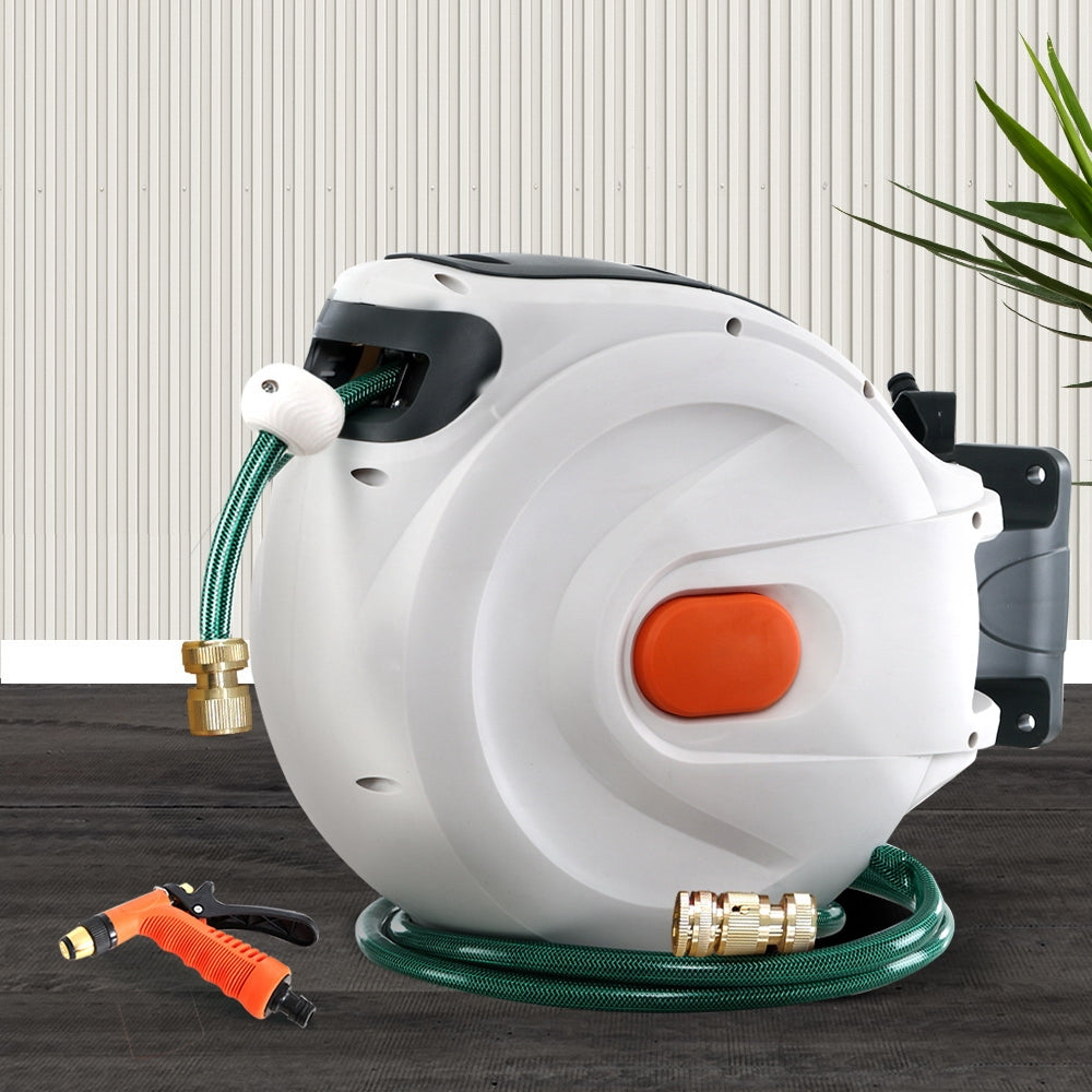 Green Fingers 30m Retractable Garden Hose Reel Brass Spray Gun Auto Rewind