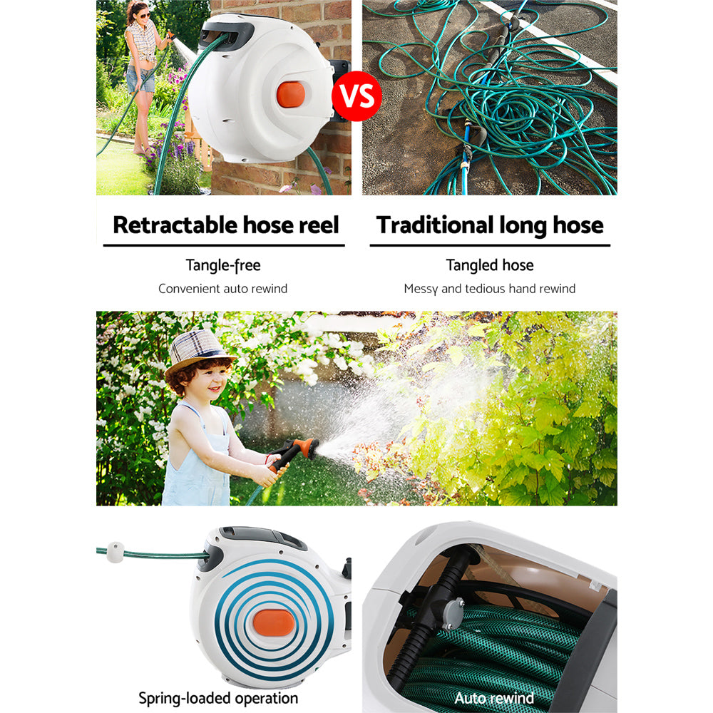 Greenfingers 30m Retractable Hose Reel Auto Rewind Garden Spray Gun