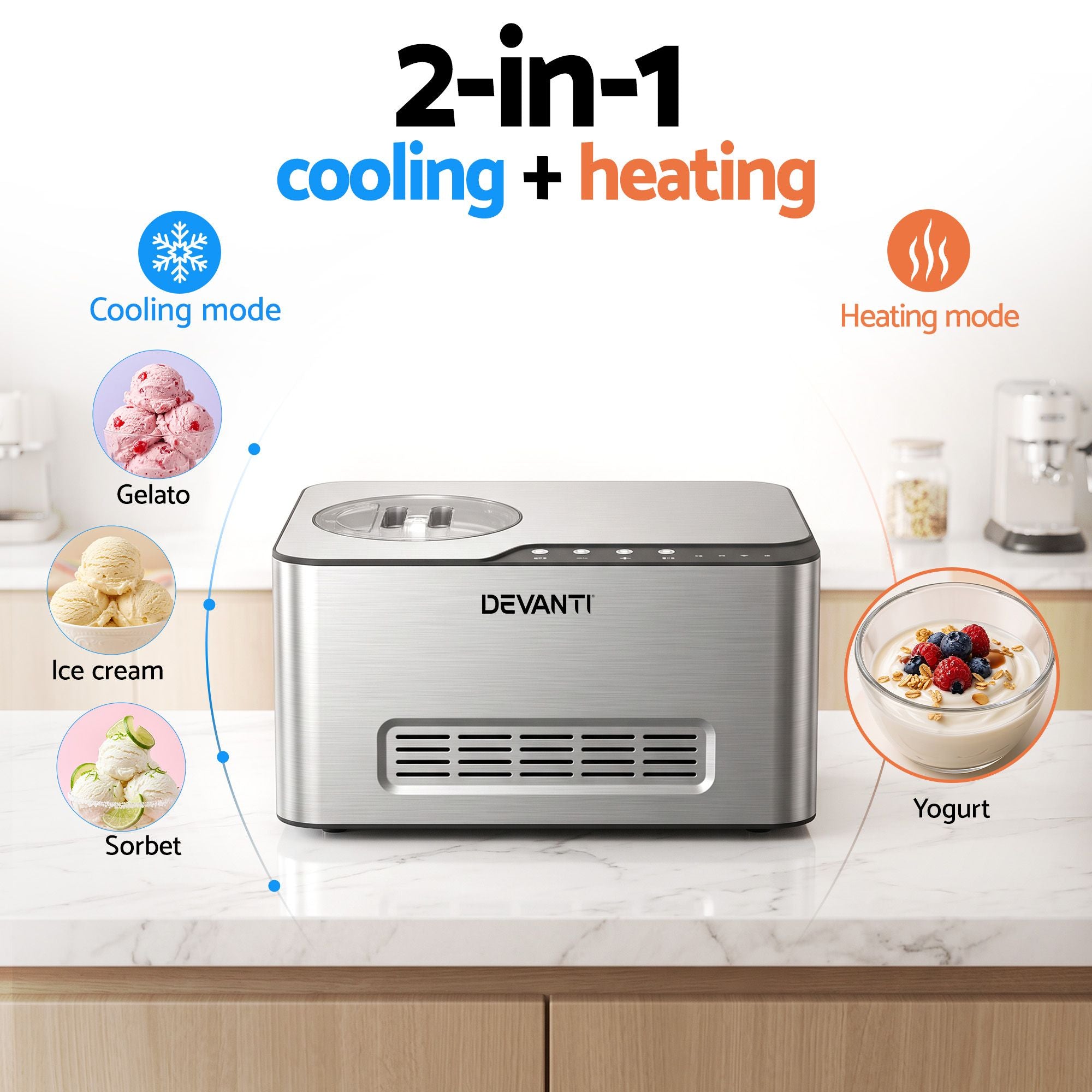 Devanti 2L 2-in-1 Ice Cream & Yogurt Maker Machine No Pre-Freezing Homemade Gelato Sorbet