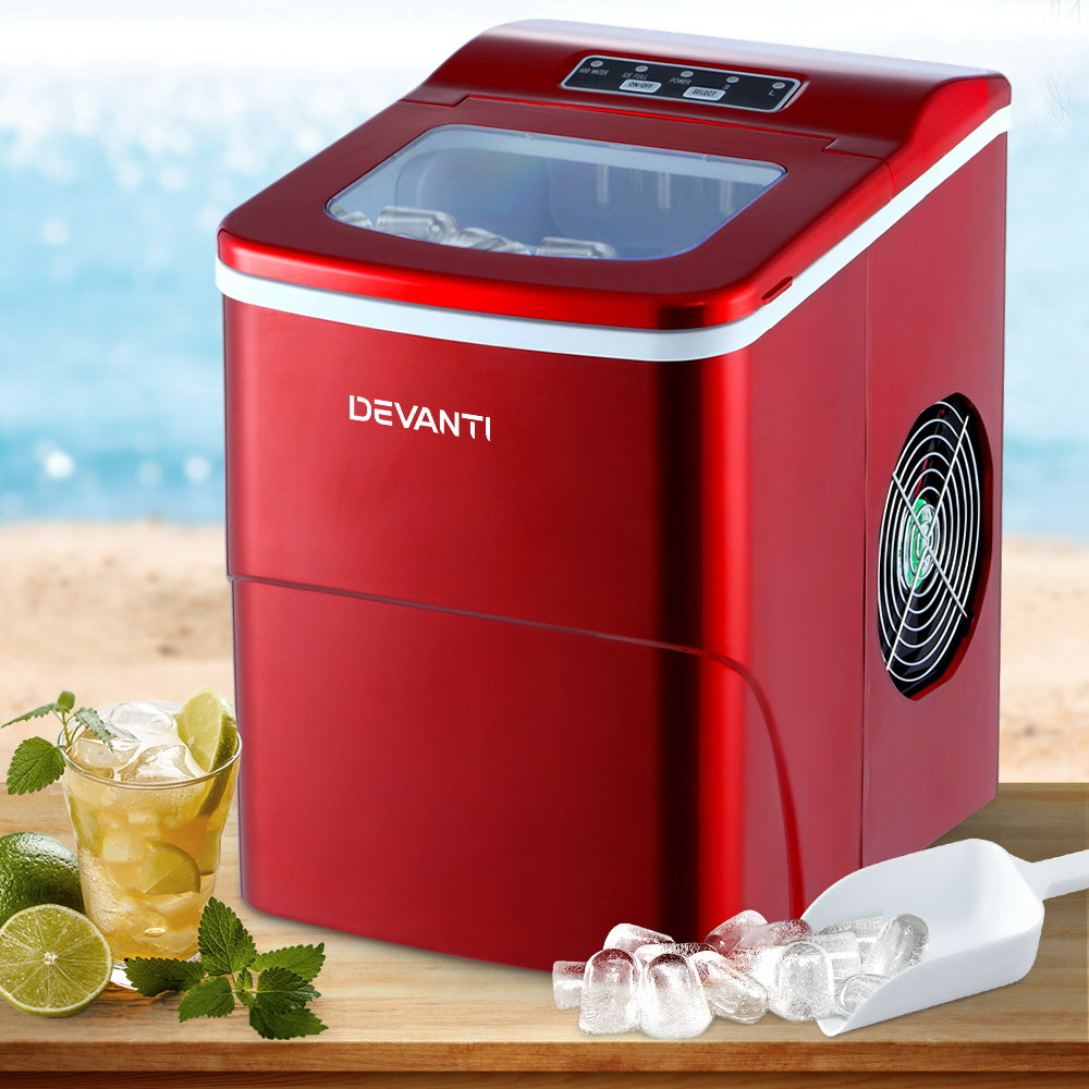 Devanti 2L Portable Ice Maker Red Benchtop Quick Home Bar