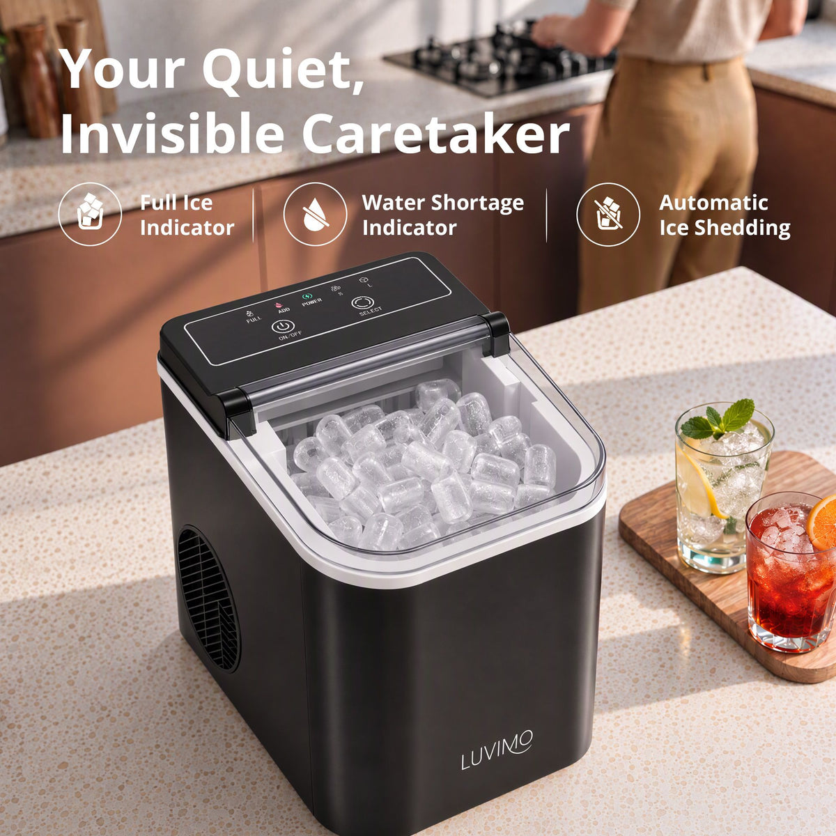 LUVIMO 12kg Ice Maker Machine Full Open Cover Deep Clean - Black