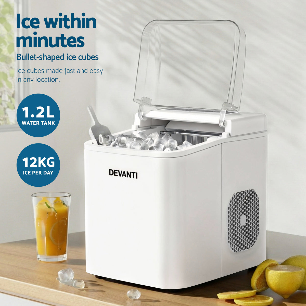 Devanti Ice Maker Machine Portable 12kg Countertop w/Self Cleaning 1.2L White