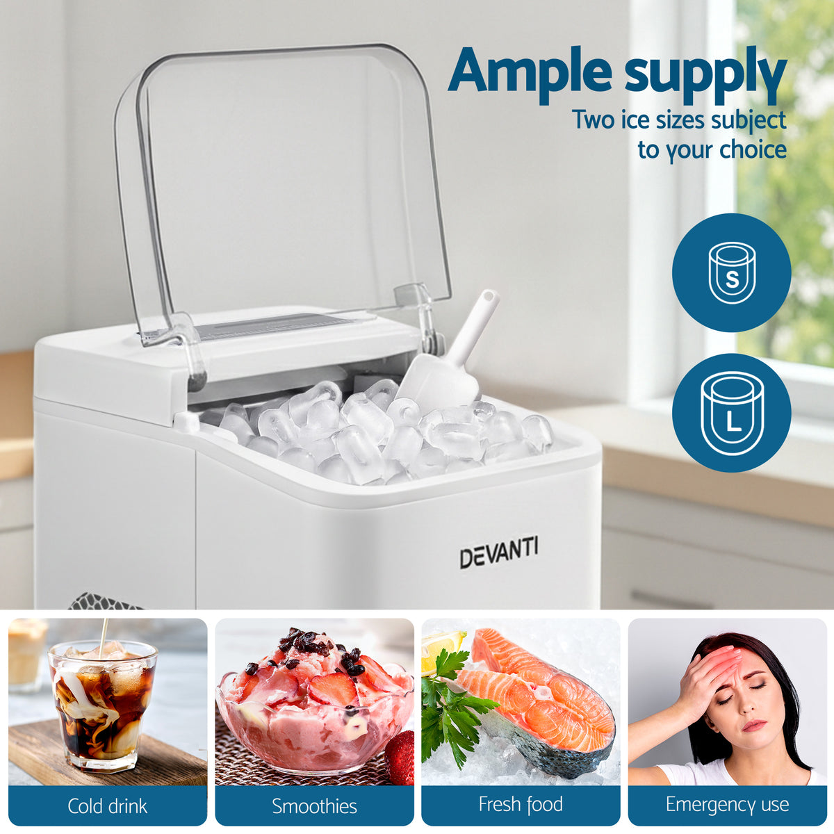 Devanti Ice Maker Machine Portable 12kg Countertop w/Self Cleaning 1.2L White