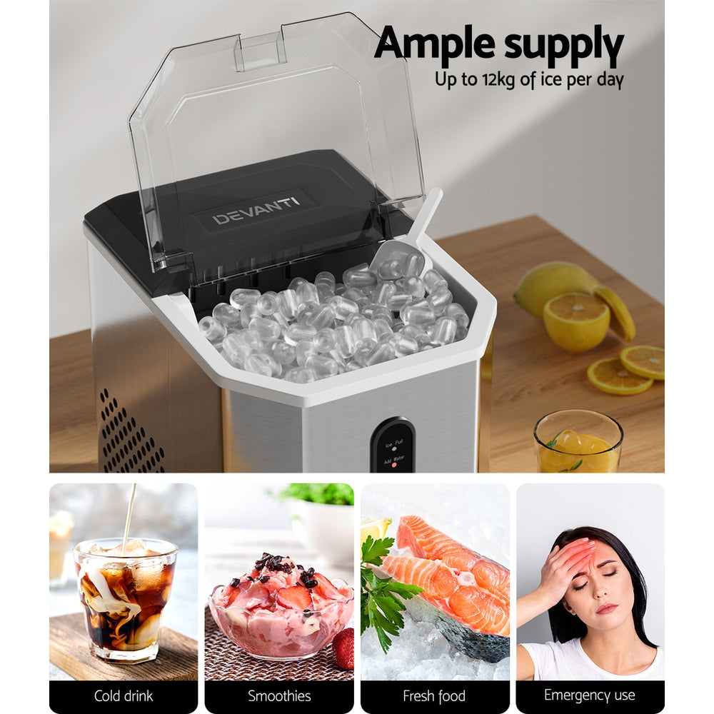 Devanti 12kg Portable Ice Maker Stainless Steel Countertop Silver