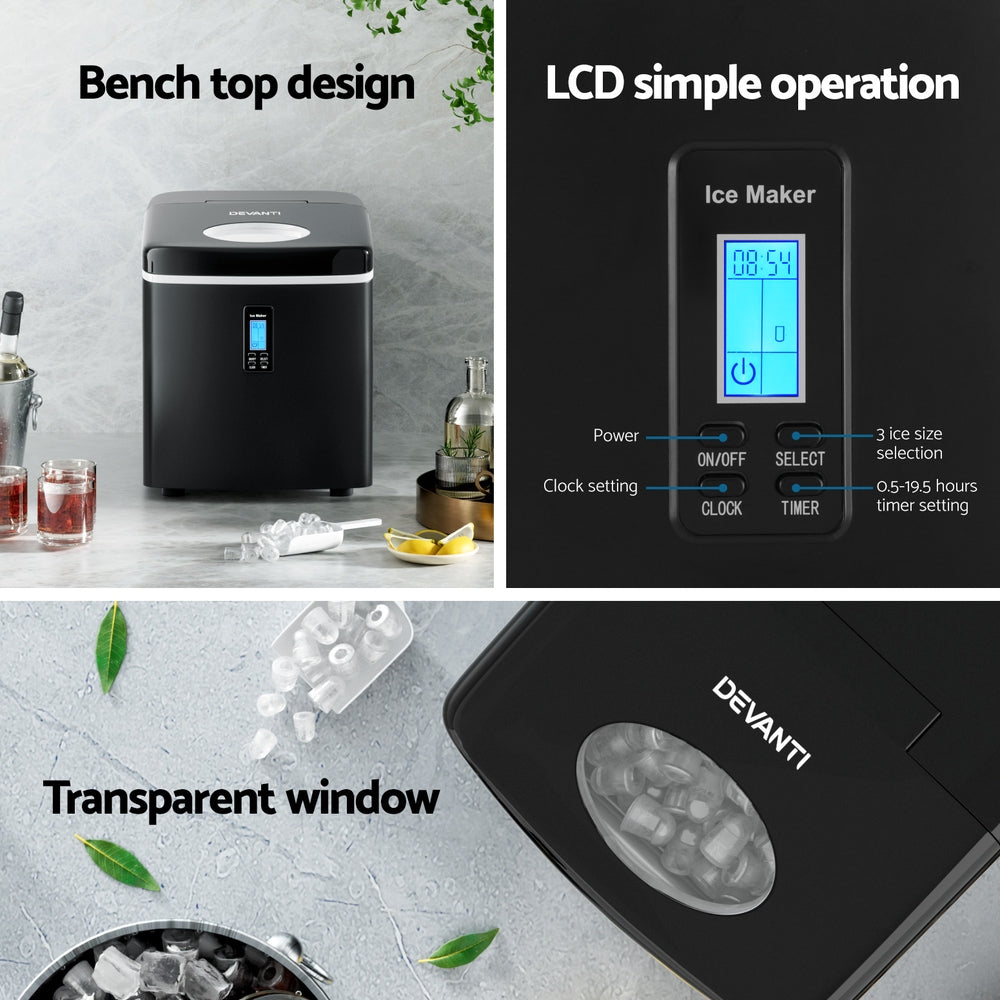 Devanti 15kg Ice Maker Machine Black Bullet-Shaped Cubes