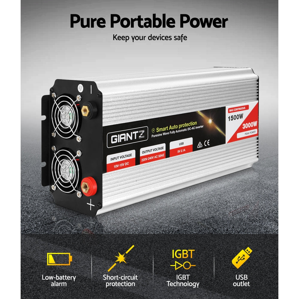 Giantz 1500W Pure Sine Wave Power Inverter Dual 240V Sockets USB