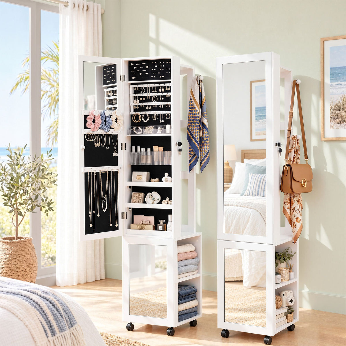 Artiss Lockable Mobile Jewellery Cabinet with Frameless Mirror, White
