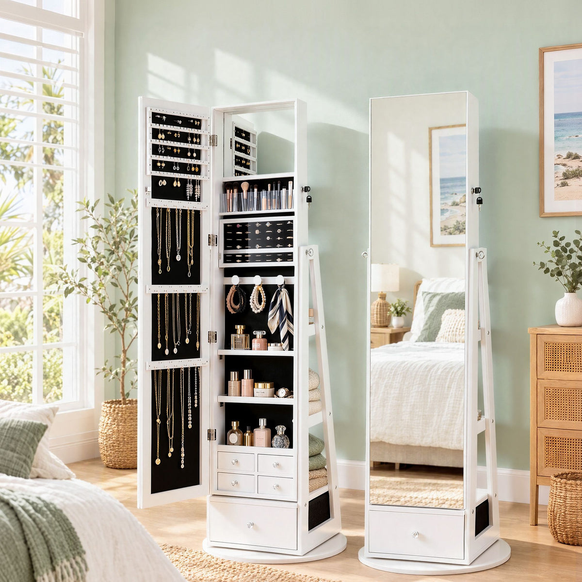 Artiss Rotating Jewellery Cabinet with Full Length Mirror, White