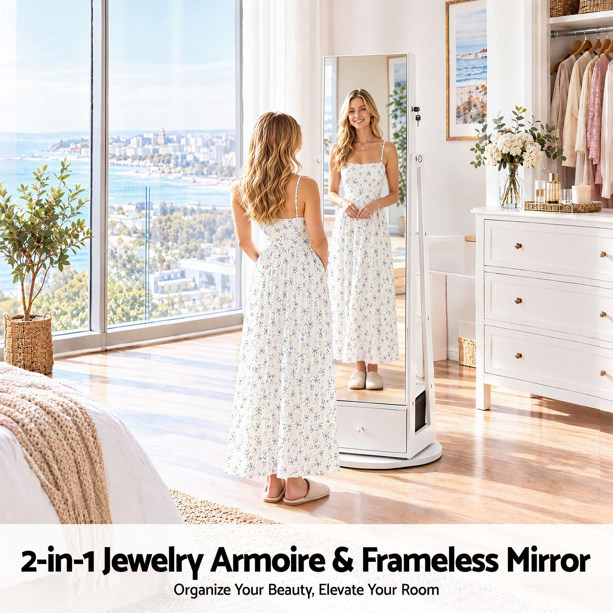 Artiss 360° Rotating Jewelry Cabinet Full Length Mirror, White